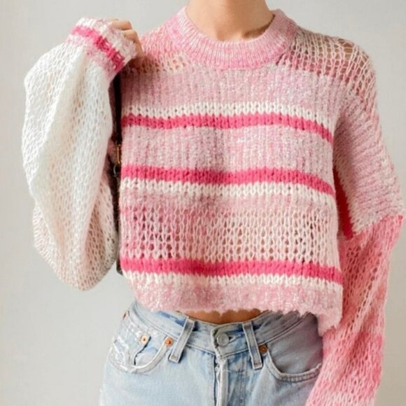 Kimchi Blue Pink Striped Open Knit Cropped Sweater XS Oversized Sheer Pullover - Picture 1 of 8